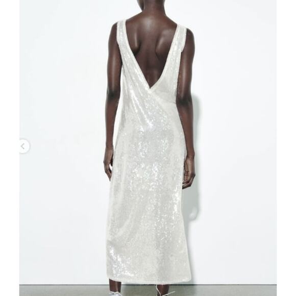Zara Sleeveless V Neck Sequined Maxi Dress White Size XS - Picture 3 of 11